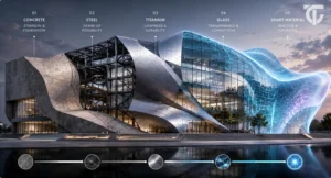 An architectural infographic showcasing avant-garde building materials transitioning from concrete and structural steel to fluid titanium panels, a large glass facade, and a glowing, wave-like smart material structure at dusk.