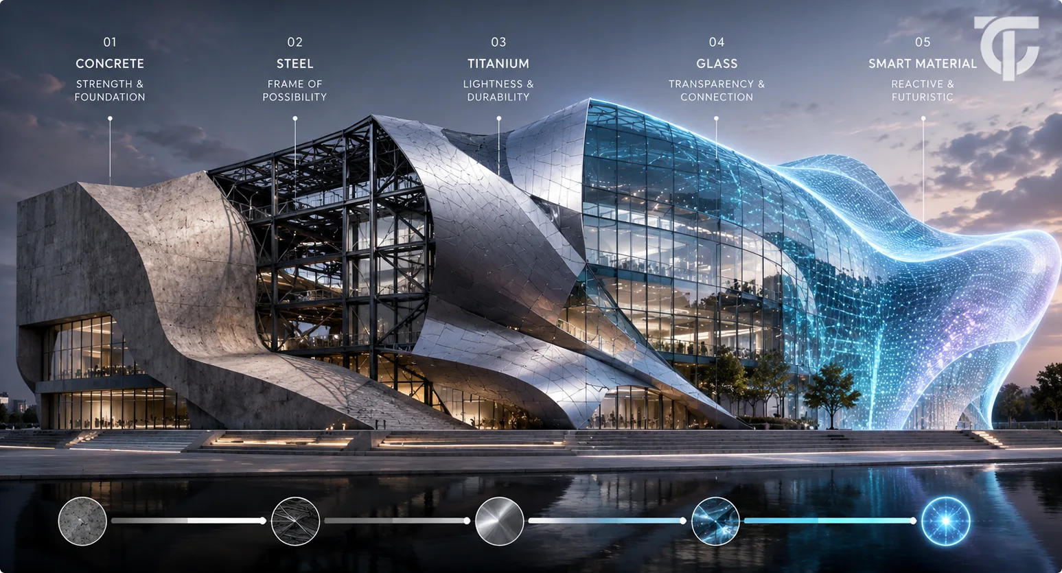 An architectural infographic showcasing avant-garde building materials transitioning from concrete and structural steel to fluid titanium panels, a large glass facade, and a glowing, wave-like smart material structure at dusk.