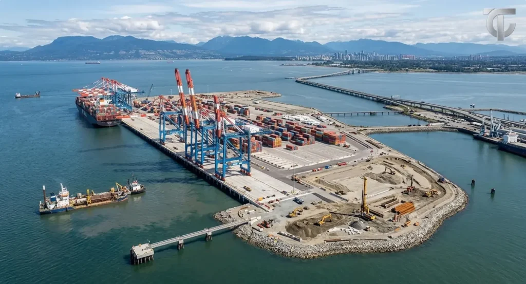 Container terminal with cargo ships, cranes, and marine port infrastructure.