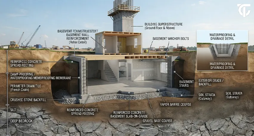 Basement foundation with reinforced concrete walls creating a stable underground level beneath a building.