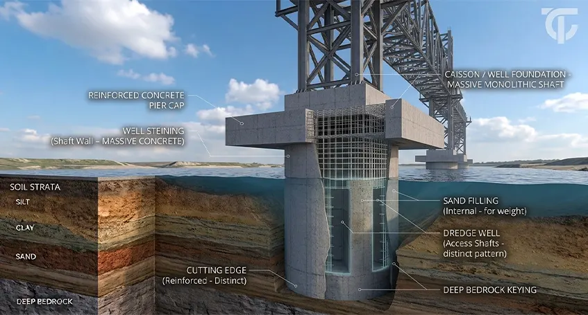 Caisson foundation installed below water level to provide stable support for bridges and marine structures.