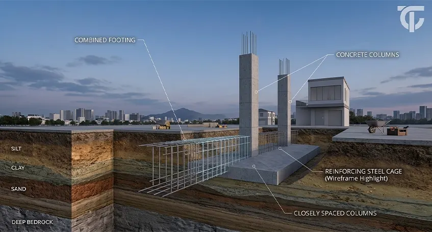 Combined footing designed to support two adjacent columns on a single reinforced concrete foundation.