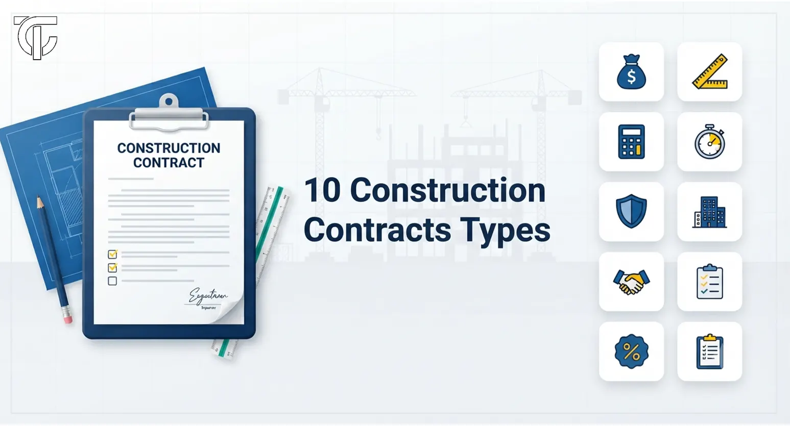 Featured illustration for 10 Construction Contracts Types with clipboard, blueprints, and contract category icons.