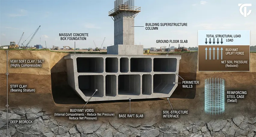 Floating foundation reducing settlement by balancing building loads across soft, low-bearing-capacity soil.