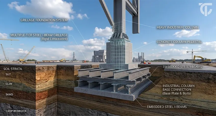 Grillage foundation using layered steel beams and concrete to support heavy structural columns.