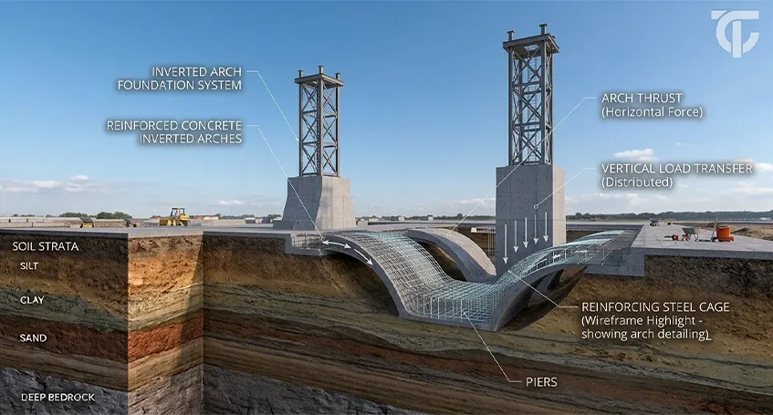 Inverted arch foundation transferring structural loads between footings where soil conditions require additional support.