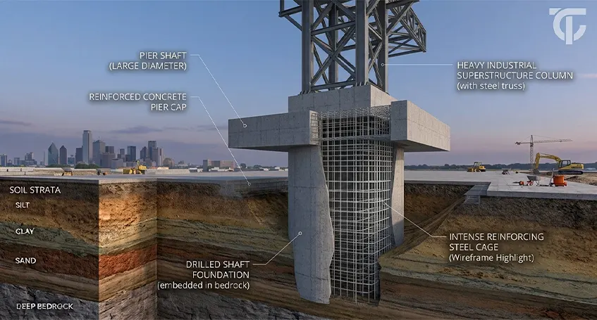 Pier Drilled shaft foundation extending deep into competent soil to support heavy buildings and bridge structures.