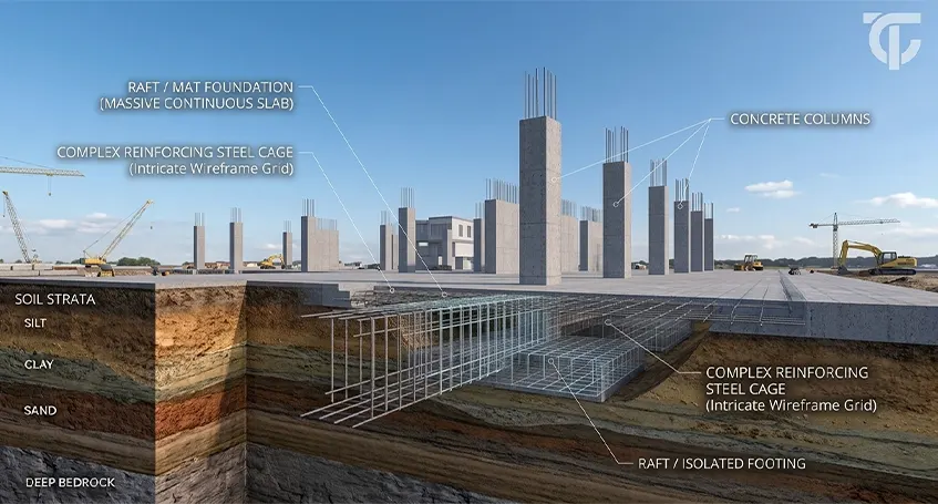 Raft foundation covering the entire building footprint to spread heavy structural loads across weak soil.
