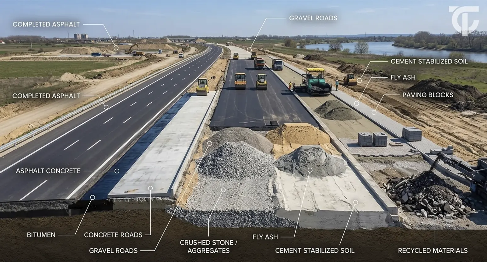 Types of road materials used in construction including asphalt, concrete, gravel, crushed stone, bitumen, and paving materials for durable road infrastructure.