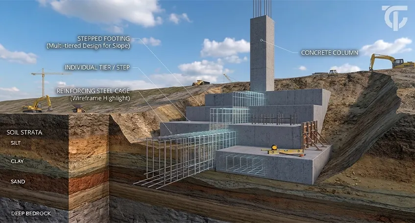 Stepped footing constructed on sloping terrain to provide a stable base for building foundations.