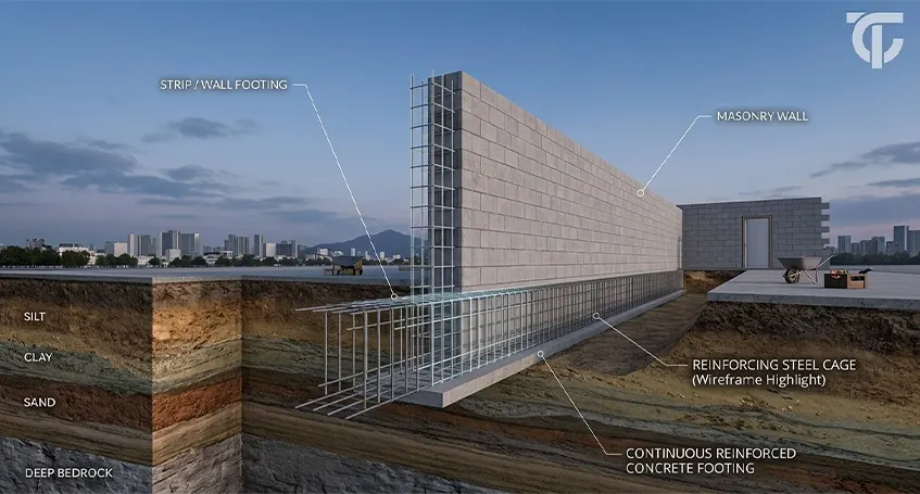 Continuous strip footing constructed beneath a load-bearing wall to distribute structural loads evenly into the soil.