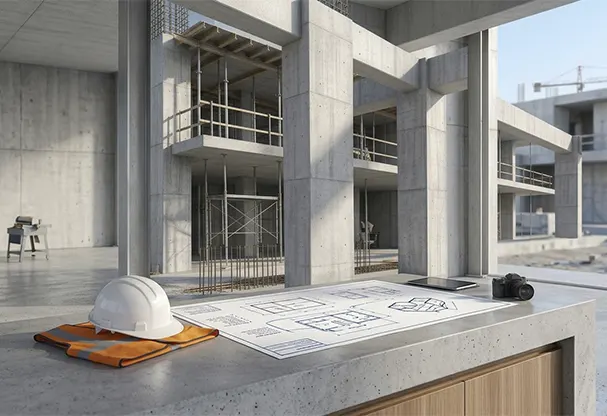 An active multi-story building construction site background with blueprints, a safety hard hat, and a vest on a clean concrete counter.