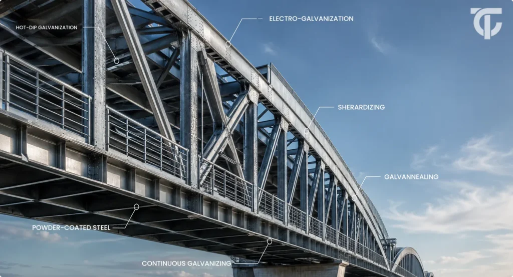 Modern galvanized steel bridge highlighting different types of galvanized steel and their applications in construction.