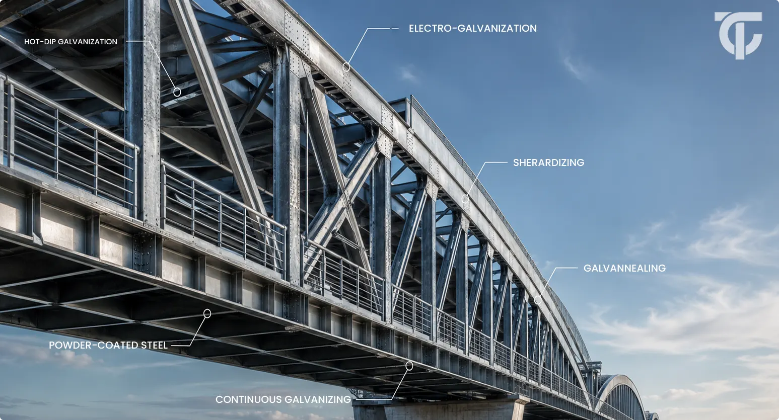 Modern galvanized steel bridge highlighting different types of galvanized steel and their applications in construction.