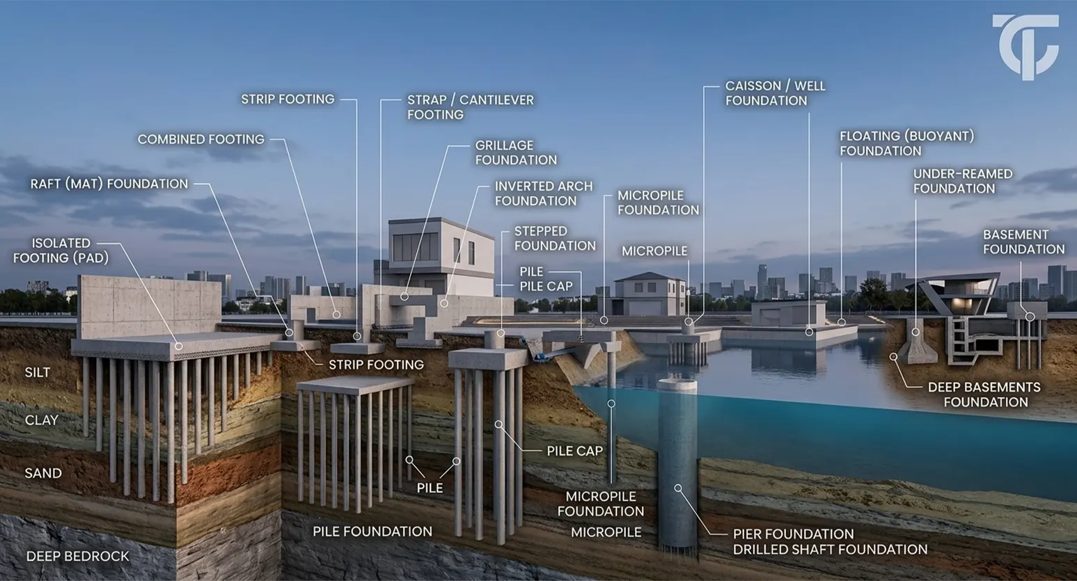 Different types of building foundations, including shallow, deep, and specialized foundation systems used in modern construction.