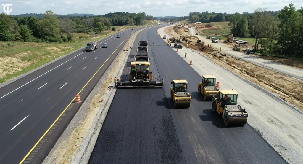 Asphalt concrete road being paved and compacted with an asphalt paver and rollers.