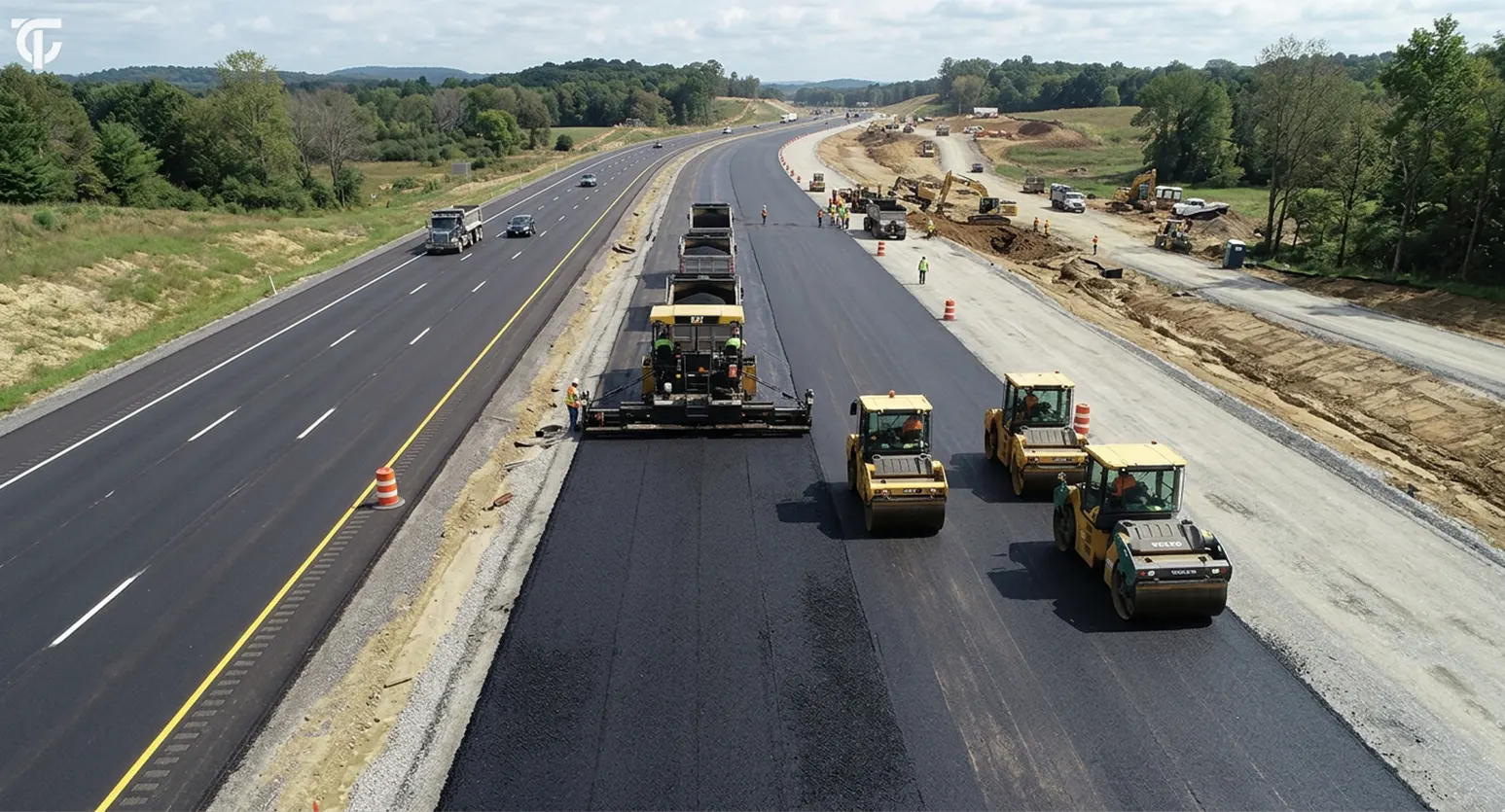 Asphalt concrete road being paved and compacted with an asphalt paver and rollers.