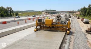 Concrete paving machine placing concrete pavement on a U.S. highway.
