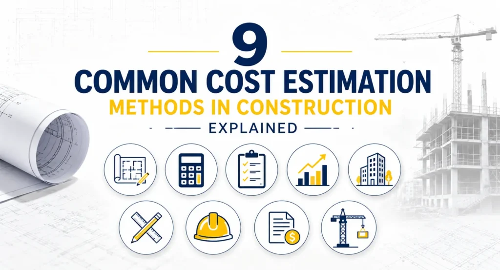 Illustration showing common cost estimation methods in construction with construction estimating icons and a blueprint-themed design.