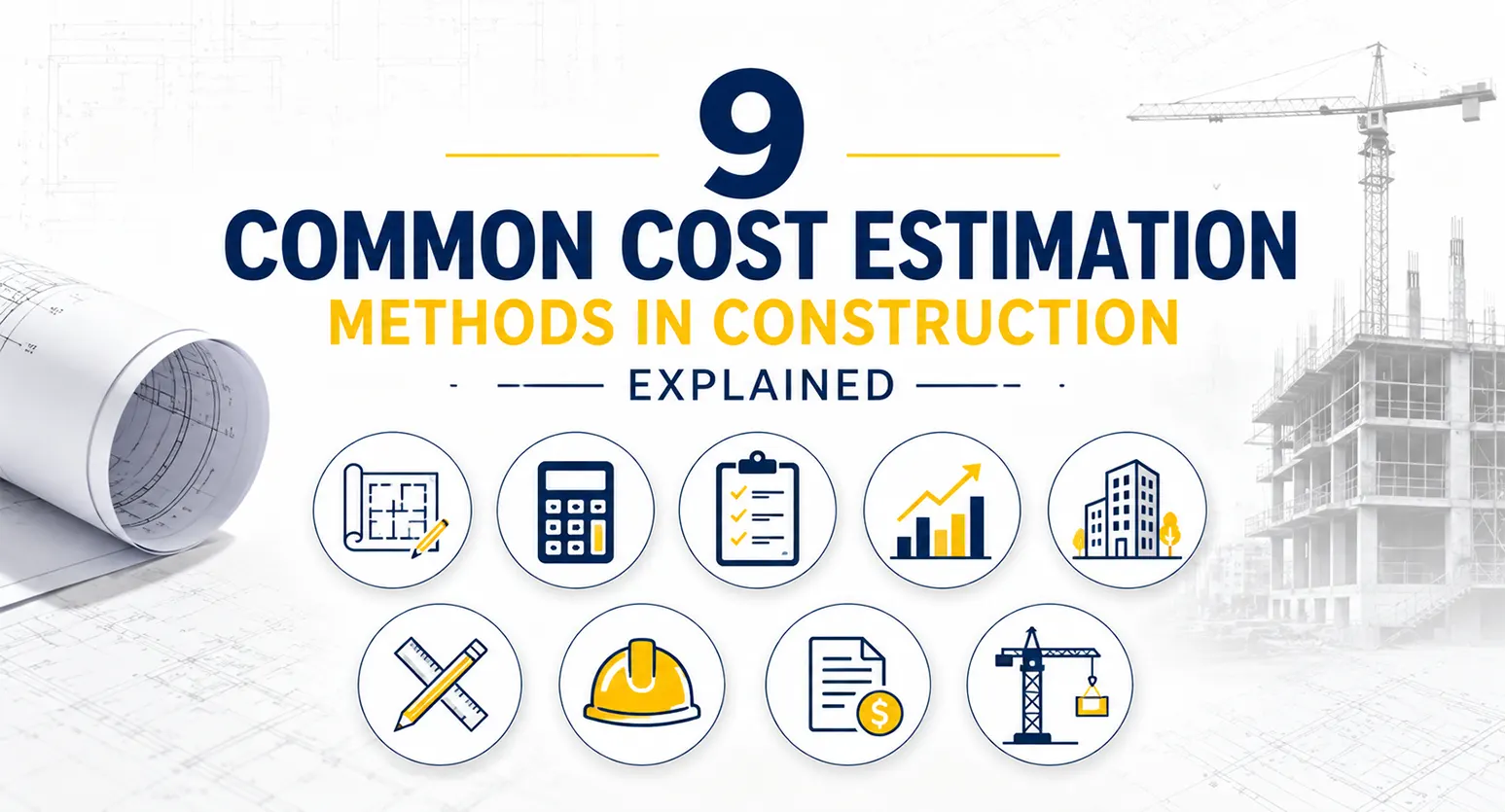 Illustration showing common cost estimation methods in construction with construction estimating icons and a blueprint-themed design.