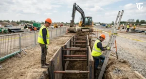Construction workers following excavation safety rules at a properly shored trench.