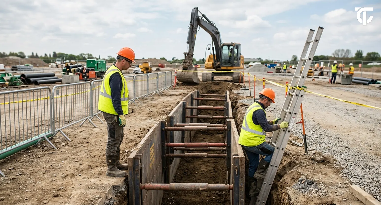 Construction workers following excavation safety rules at a properly shored trench.