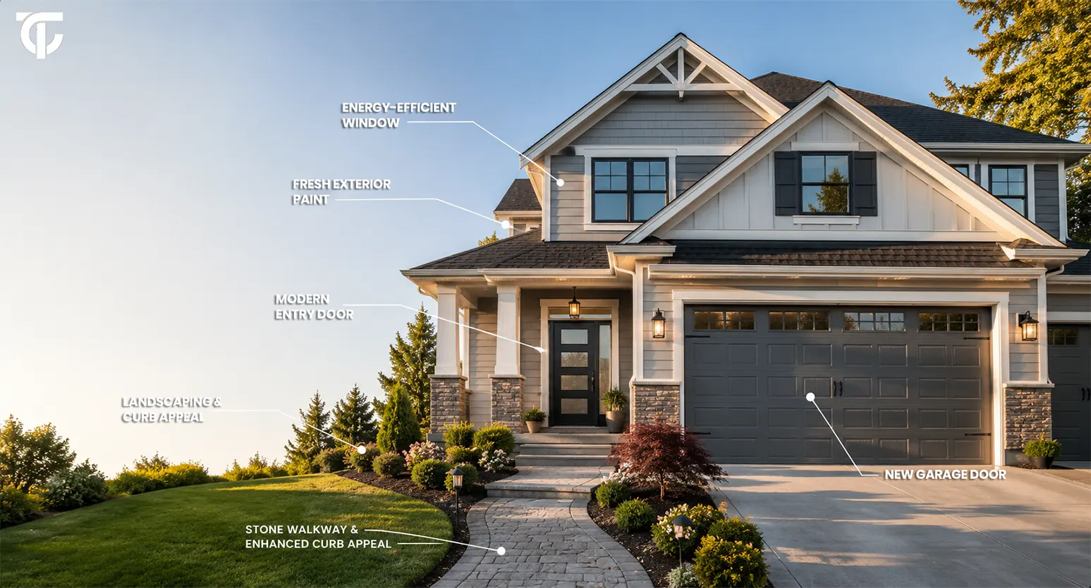 Modern suburban home with a new garage door, stylish entry door, fresh exterior paint, landscaped front yard, and energy-efficient windows improvements to increase home property value.