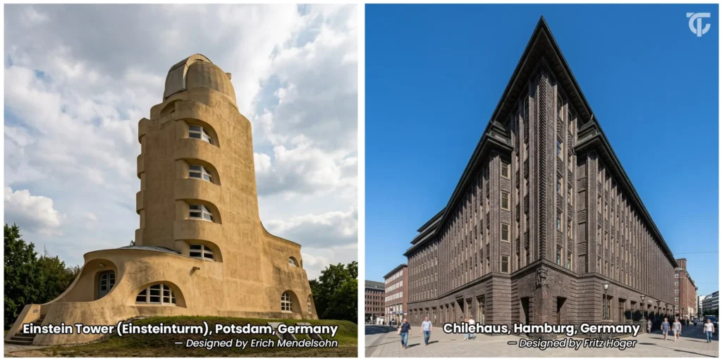 Einstein Tower and Chilehaus showing different forms of German Expressionist architecture.