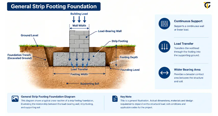 Diagram of a strip footing foundation showing a load-bearing wall, strip footing, ground level, founding level, supporting soil, and load transfer.