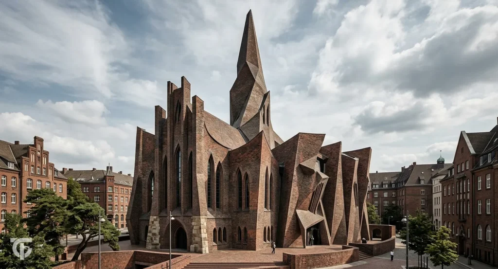 German Expressionist architecture with dramatic sculptural forms and expressive brickwork.