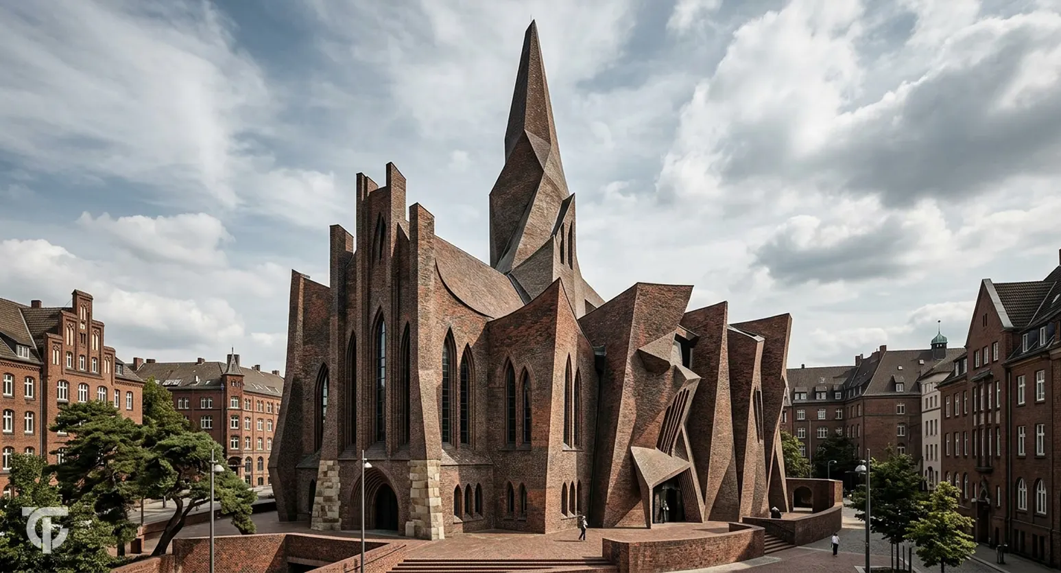 German Expressionist architecture with dramatic sculptural forms and expressive brickwork.