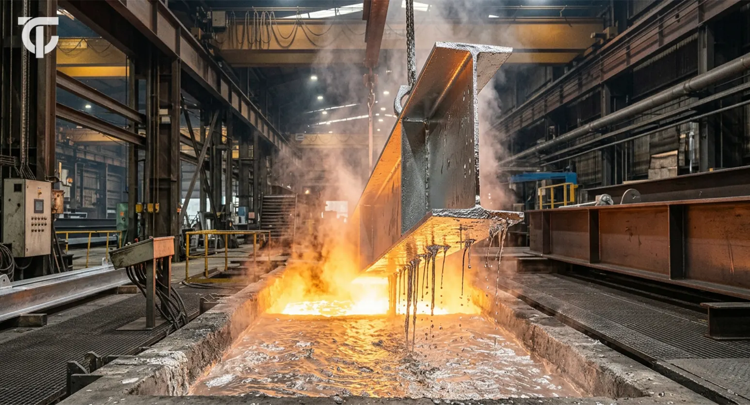 Hot dip galvanization process showing a steel beam being immersed in molten zinc.