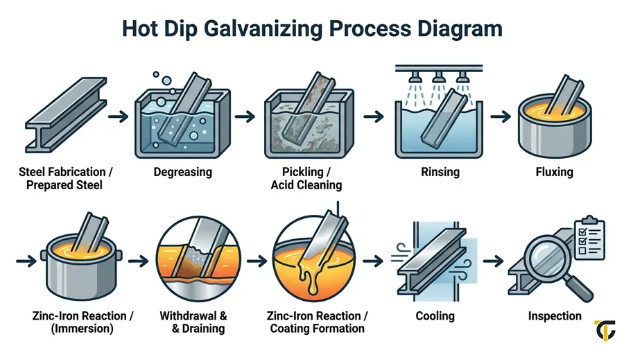 Diagram showing the hot-dip galvanizing process from steel cleaning and fluxing through immersion in molten zinc, coating formation, cooling, and final inspection.