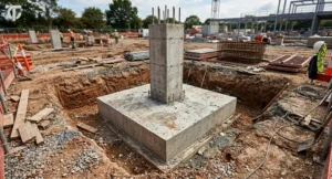 Isolated concrete footing supporting a single column at a construction site