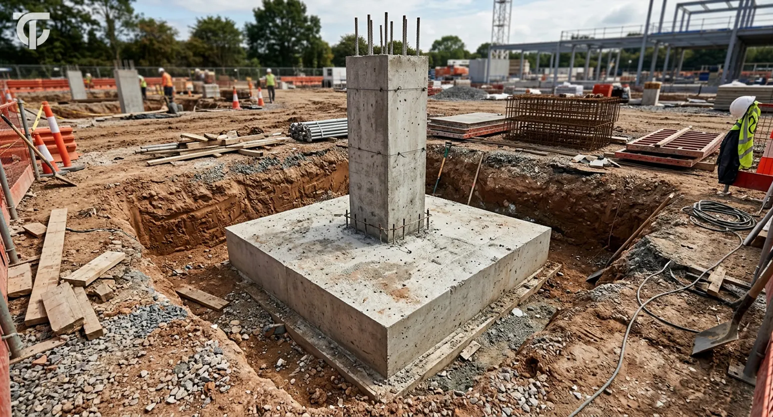 Isolated concrete footing supporting a single column at a construction site