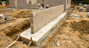 Strip footing foundation beneath a load-bearing wall in an excavated foundation trench.