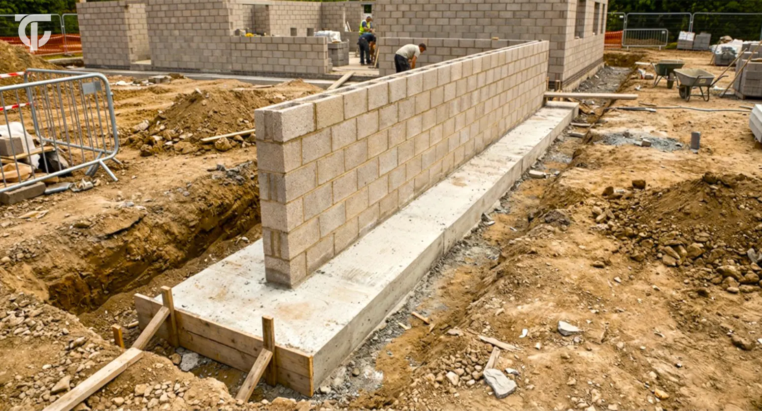 Strip footing foundation beneath a load-bearing wall in an excavated foundation trench.