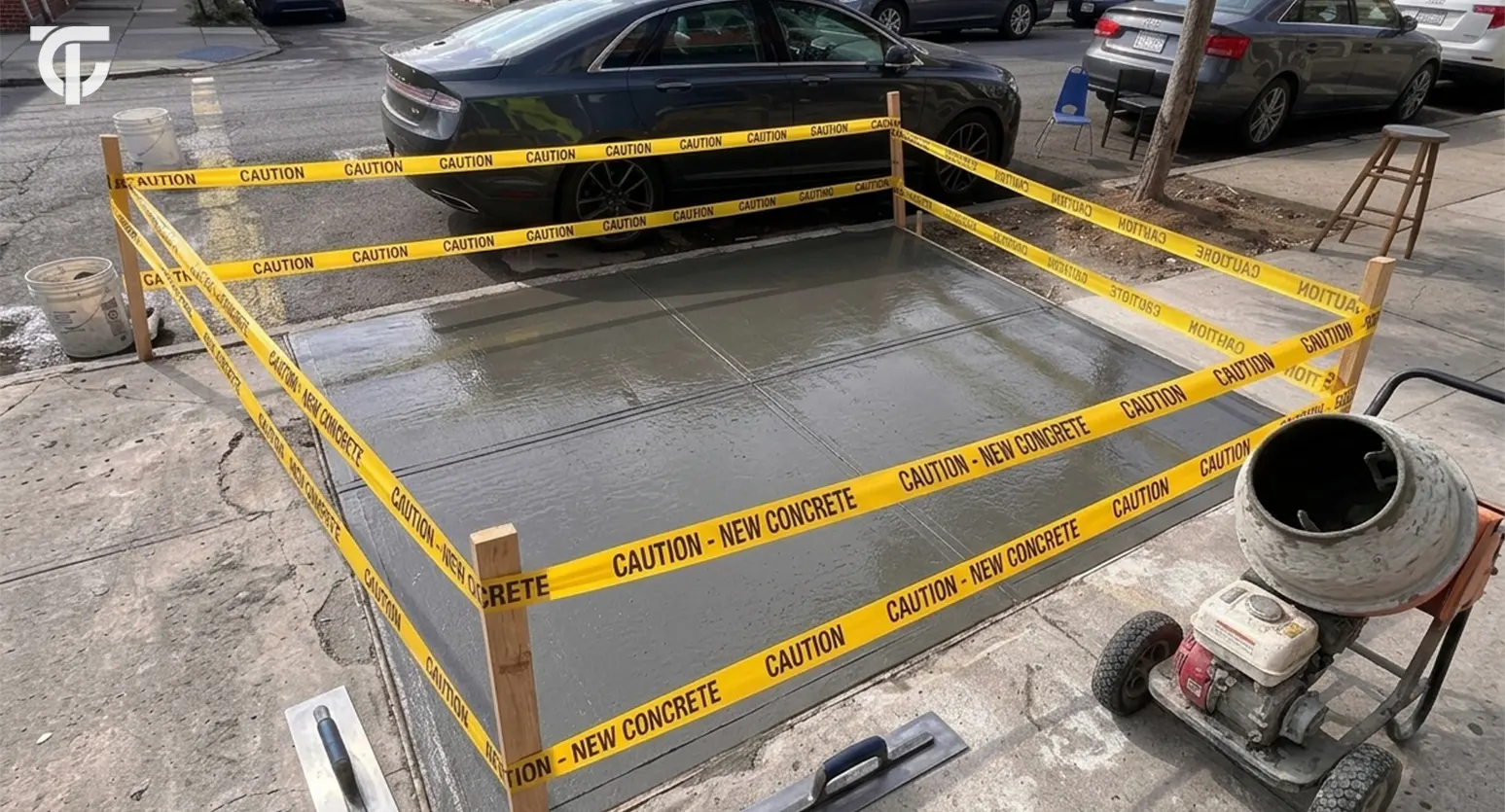 NYC sidewalk repair showing damaged concrete slabs and sidewalk replacement work.
