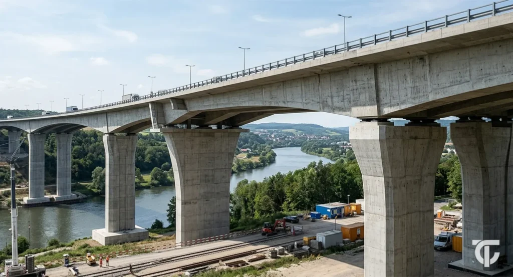 Modern reinforced concrete bridge spanning across a river valley, showing detailed concrete piers, bridge deck, and clean architectural civil engineering structure under daylight.