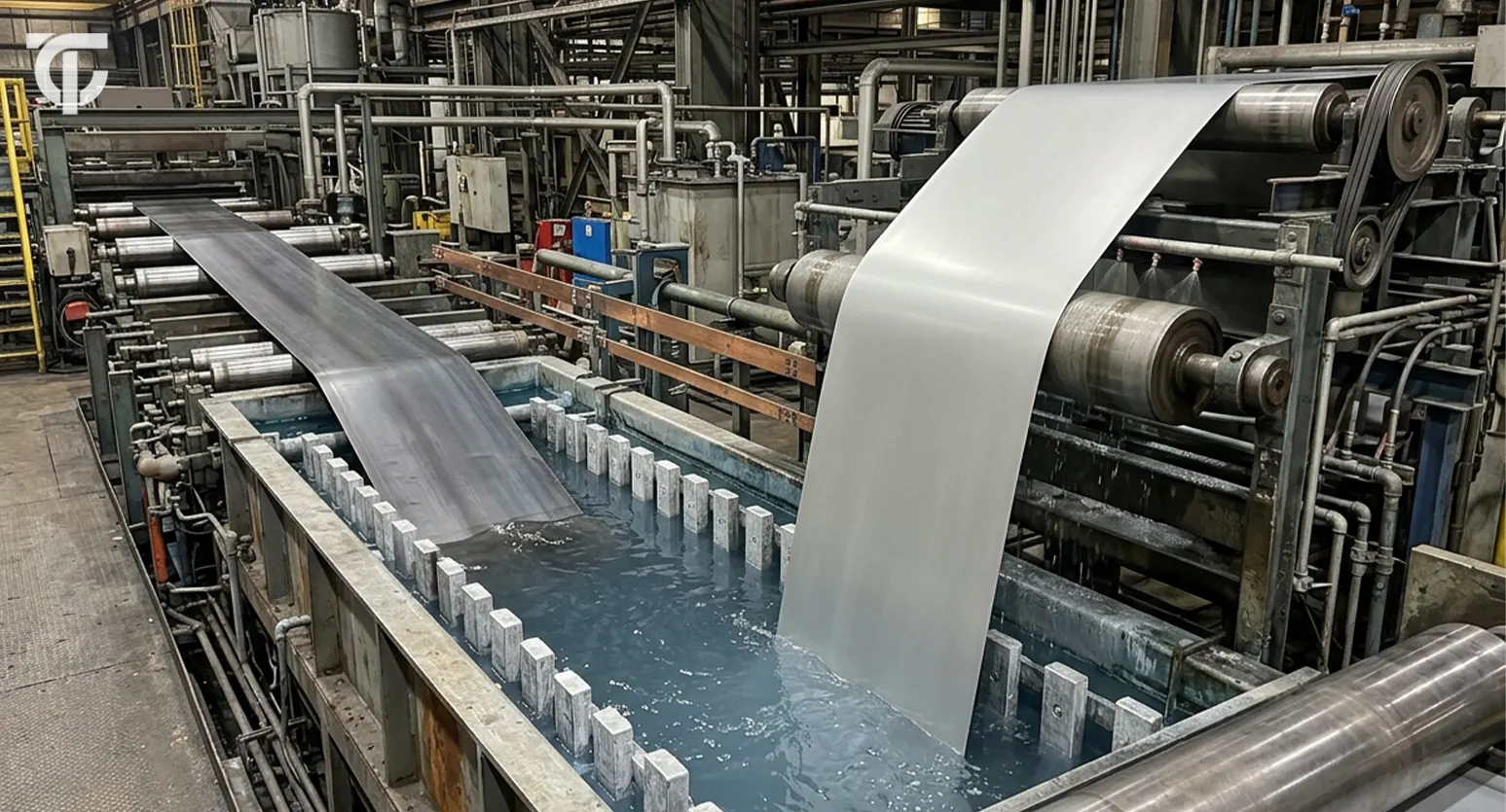 An industrial view showing the continuous electro galvanization process, where a metal strip naturally transitions from dark steel to a bright, reflective zinc coating after emerging from a chemical bath.