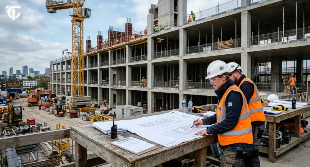 Construction project manager reviewing blueprints for a lump sum contract in construction.